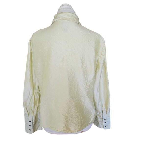 Y2K Raw Silk Shirt Sz XL Petite Snap Light Green Long Sleeve Irridescent Office - Picture 4 of 12